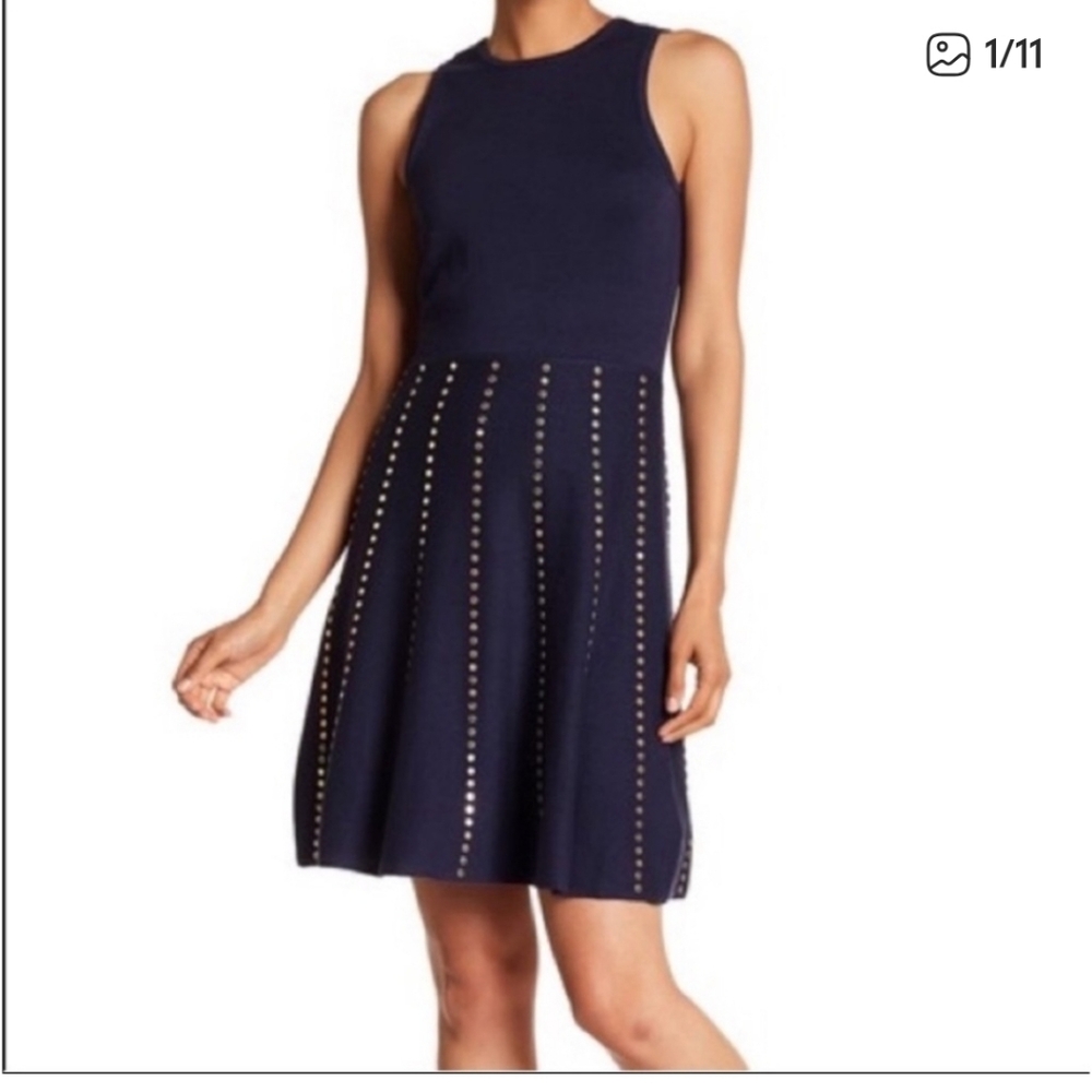 Michael Kors Fit and Flare Navy Dress With Gold Studs- Large